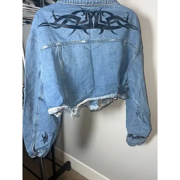 209 Current Mood Cropped Distressed Denim Jacket Graphic Blue Women’s 3X - Picture 4 of 10